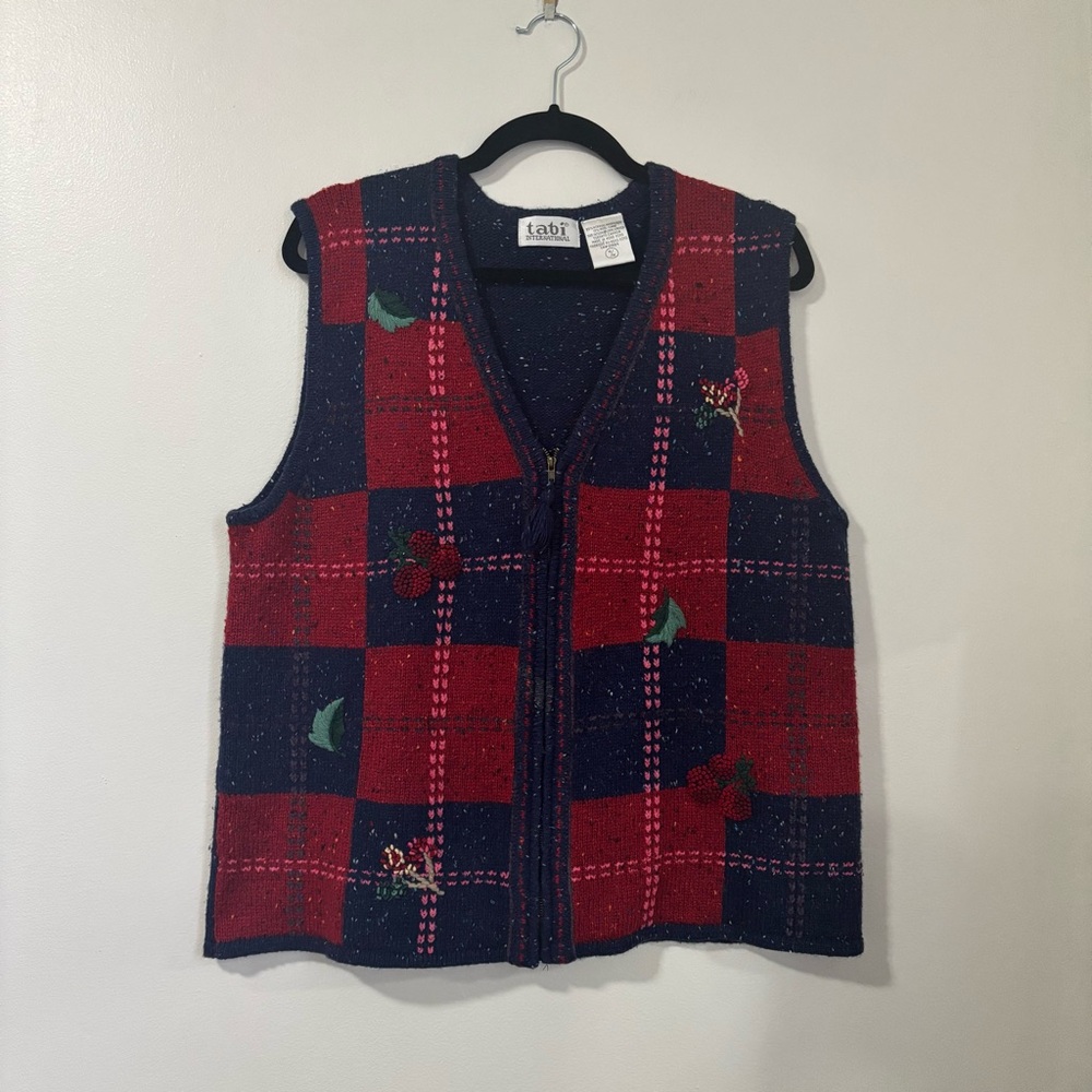 Tabi International Plaid Knit Zip-Up Vest Embroidered Berry Detail
